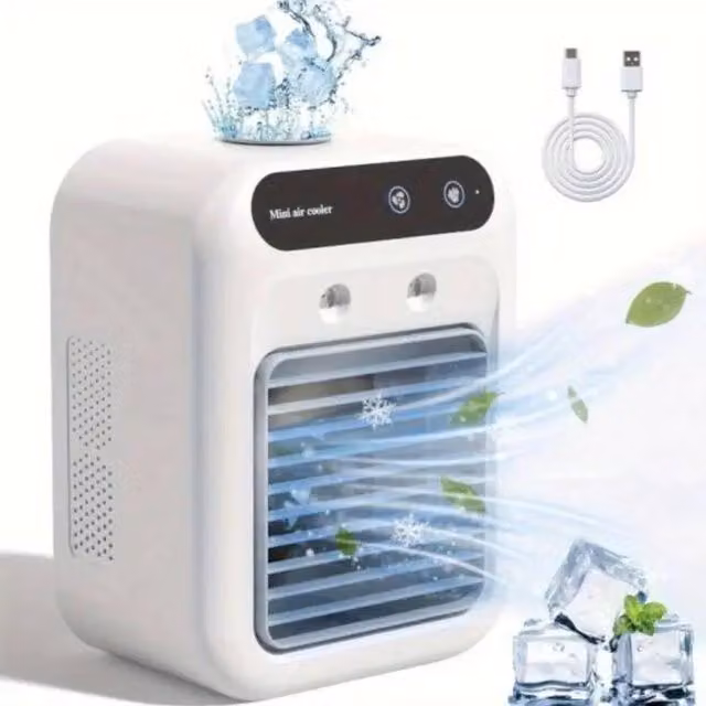 Rolipo Portable USB Air Cooler with Mist, 2 Speeds and 1800mAh Battery, White