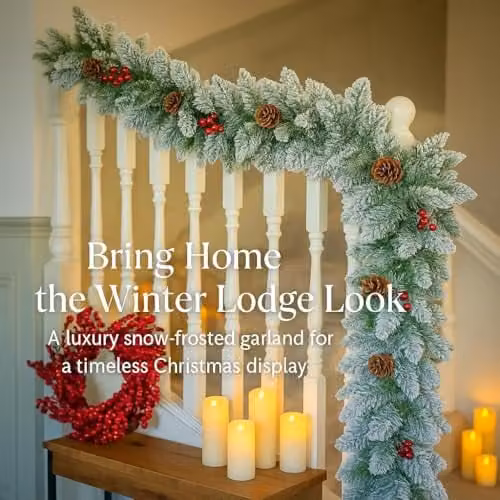 HomeZone Premium 9ft Snow Frosted Christmas Garland with Pine Cones in Green and White – 3
