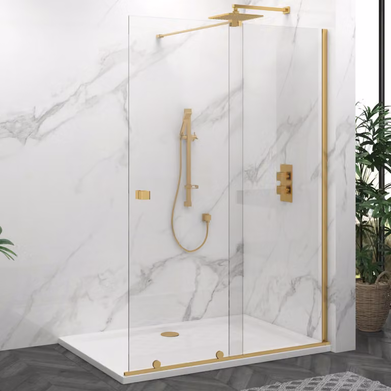 Royal Bathrooms Luton Sliding Wet Room Shower Screen with 8mm Easy Clean Clear Glass, W: 160 cm, H: 195 cm, Brushed Brass