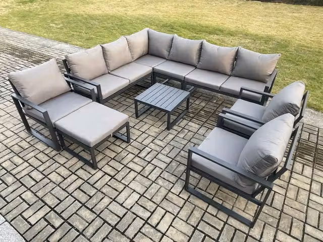 Fimous 10 Seater Aluminium Garden Furniture Set in Dark Grey, featuring an L-Shape Corner Sofa, 3 Chairs, Square Coffee Table and Large Ottoman