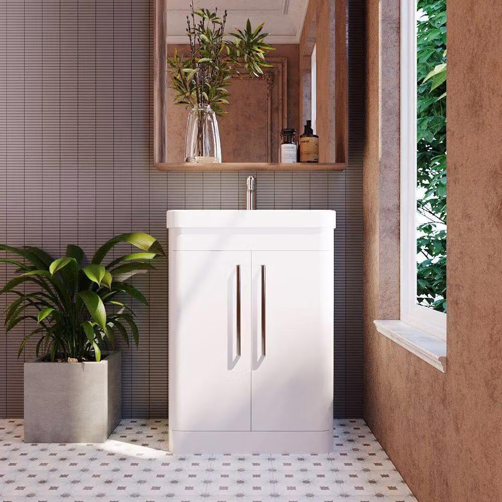 Balterley Wave 600mm Gloss White 2 Door Floor Standing Bathroom Vanity Unit with Basin and Soft Close Hinged Doors – 2