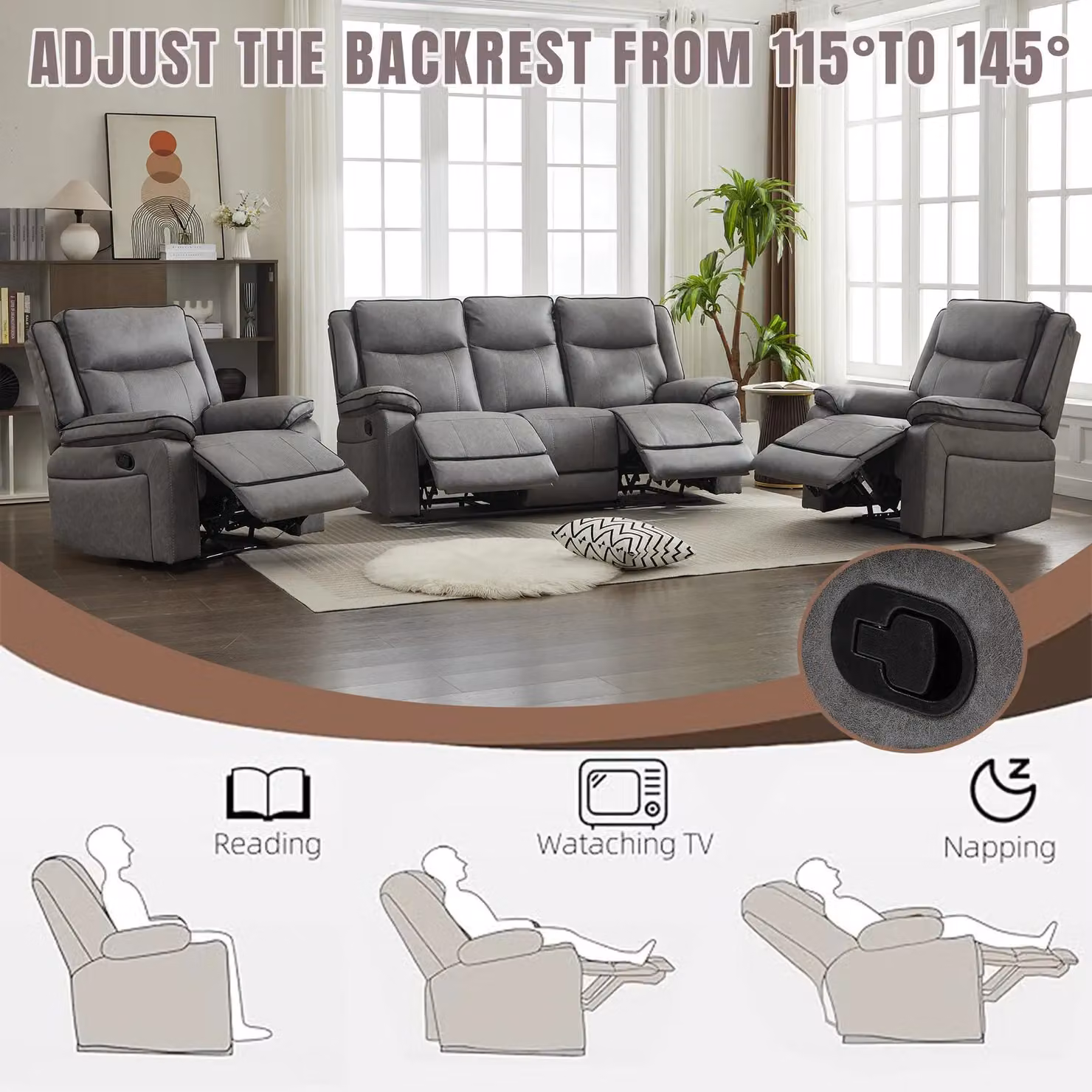 FURNITURE ONE Modern Upholstered Manual Recliner Sofa Set in Grey, including 2 Seater and 3 Seater Couches – 3