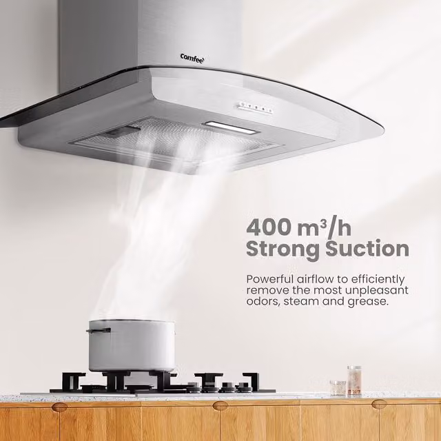 Livingandhome Silver Stainless Steel Wall Mounted Extractor Hood with LED Light, W: 60 cm