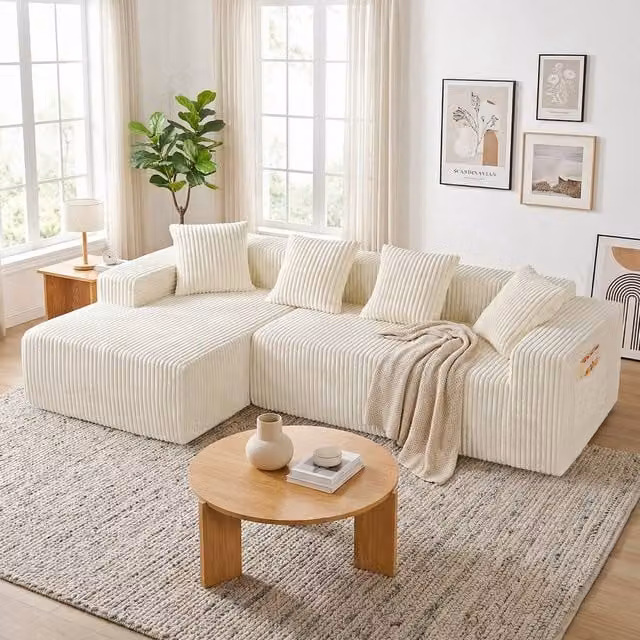 Dprodo 4 Seater Modular Left L-Shaped Sectional Sofa in Beige Velvet Cord Fabric, Width: 261 cm