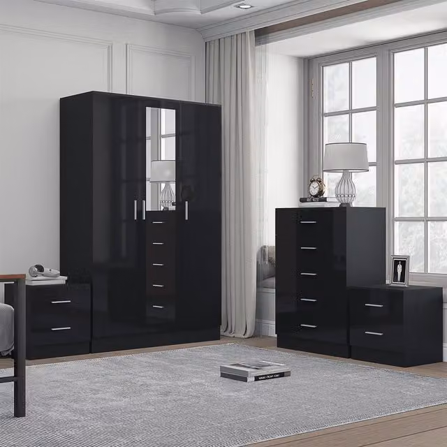 REFLECT Bedroom Furniture Bundle including 3-Door Mirror Wardrobe, Chest of Drawers and 2 Bedside Tables in Black Gloss and Matt Black