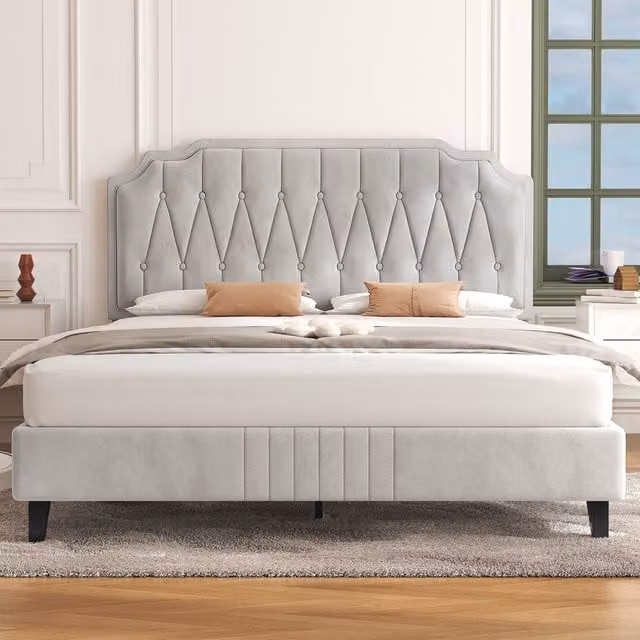 Yaheetech Art Deco Upholstered Bed Frame in Beige, 180 x 200 cm