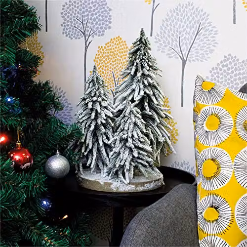 Netagon Green Decorative Snow Topped Mini Christmas Tree Display on Plinth, Tabletop Ceramic Set of 3 – 5