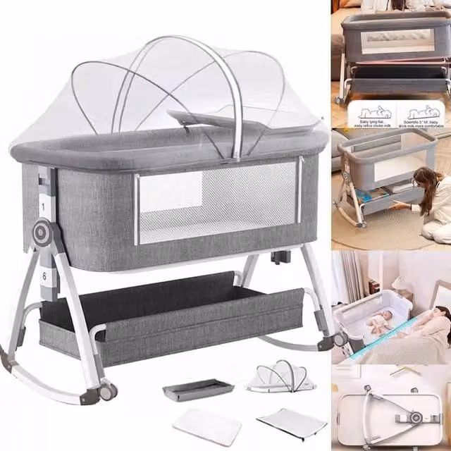 VOGREX Adjustable Height Baby Bedside Sleeper Crib with Breathable Mesh and Drop Side in Grey – 1