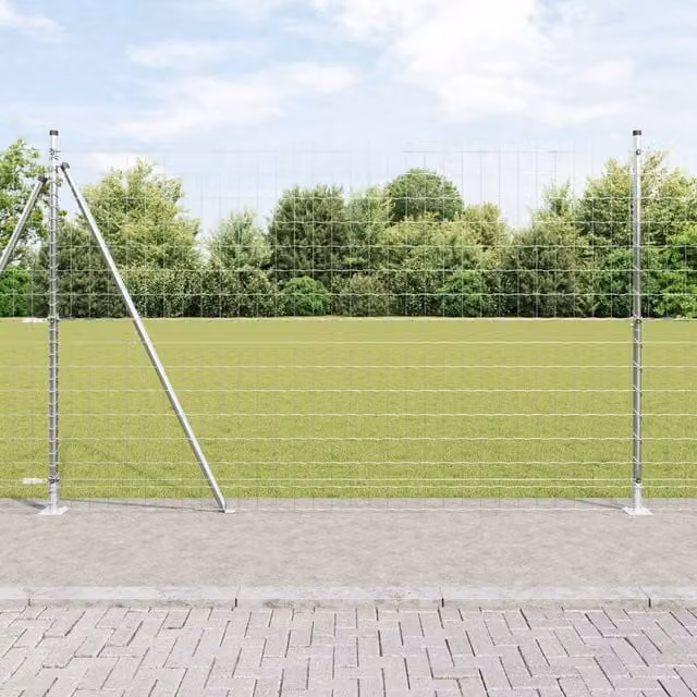 Berkfield Home Euro Fence with 7 Flanged Round Posts, Galvanised Steel, Silver/Grey, W: 10 m, H: 1.5 m