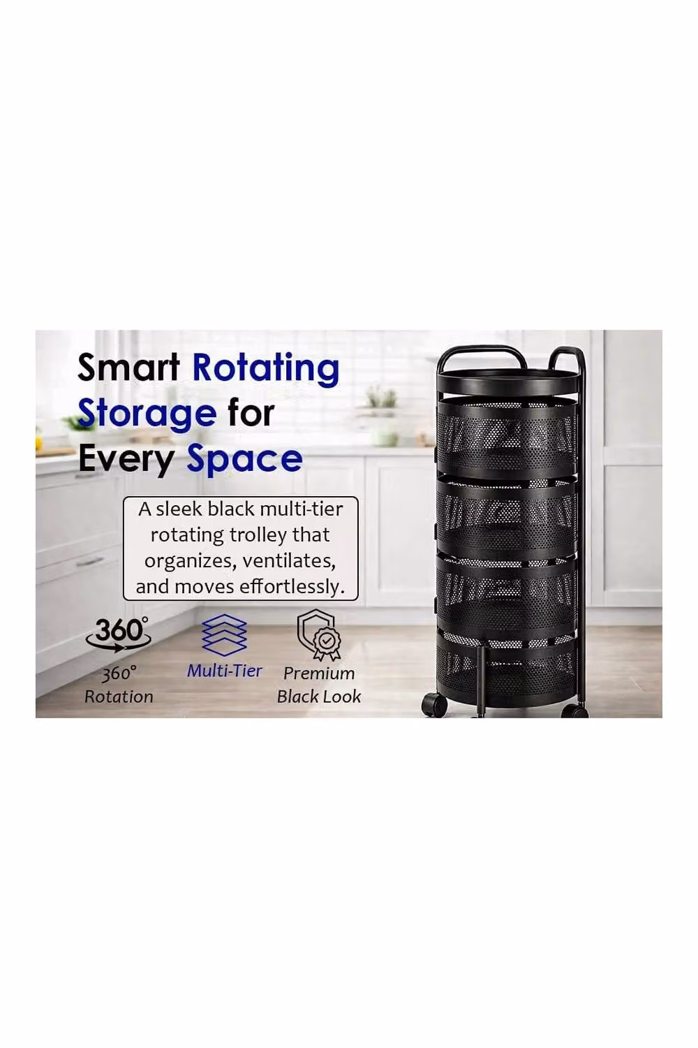 Hygrad Built to Survive 5 Tier Round Rotating Storage Cart Trolley Shelf in Black – 6