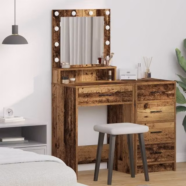 Berkfield Home Hollywood LED Dressing Table in Brown Old Wood, W: 50 cm, D: 41 cm, H: 135 cm