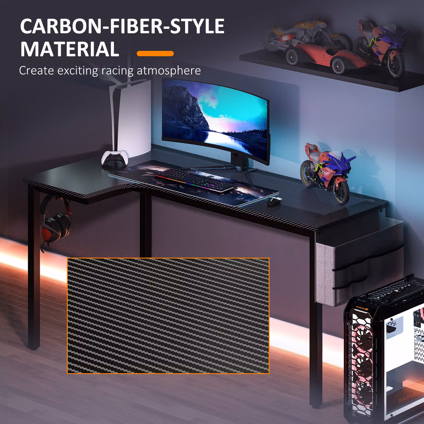 HOMCOM L-Shaped Computer Gaming Desk with Fabric Bag, Hooks and Cable Management, Black, W: 145 cm, D: 81 cm, H: 76 cm – 5