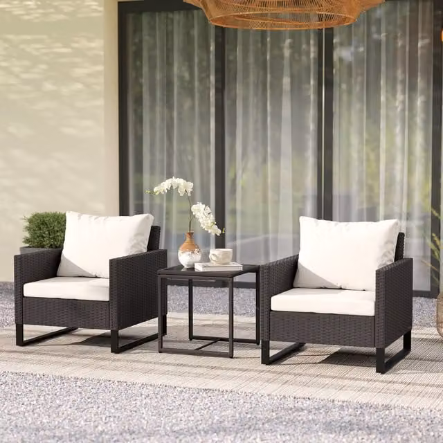 Outsunny 3-Piece Rattan Bistro Set with Coffee Table, Chairs and Cushions in Brown and Black