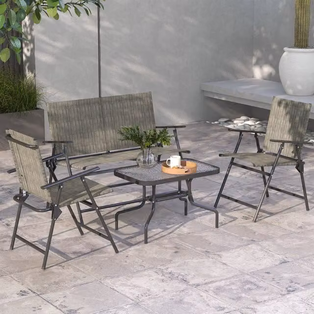 OUTSUNNY Brown and Grey Modern Patio Furniture Set with Table, Foldable Chairs and Loveseat – 1