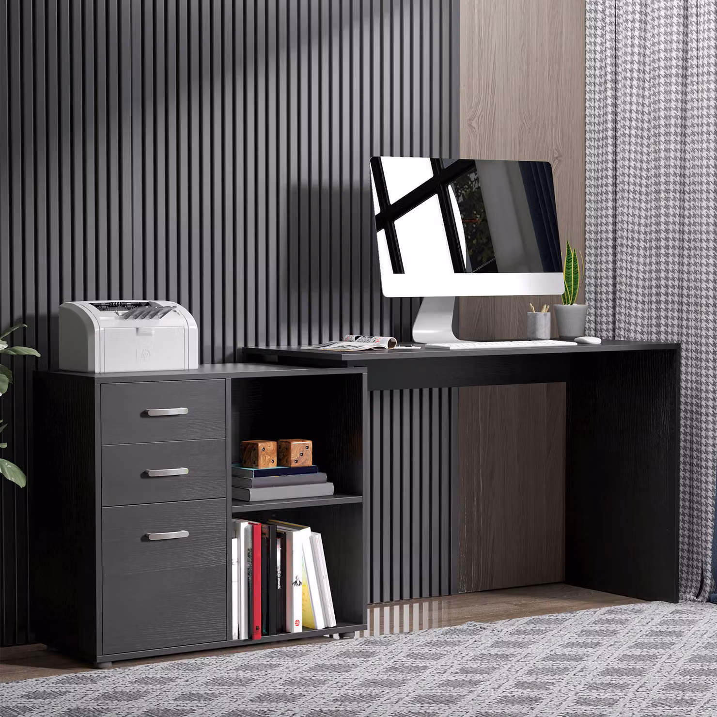 HOMCOM L-Shaped Computer Desk with Drawer and Shelf in Black – 2