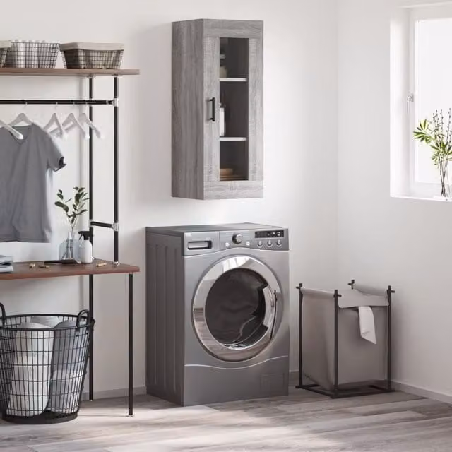 Berkfield Home Wall Mounted Grey Sonoma Cabinet with Glass Doors, W/D/H: 34.5 x 34 x 90 cm
