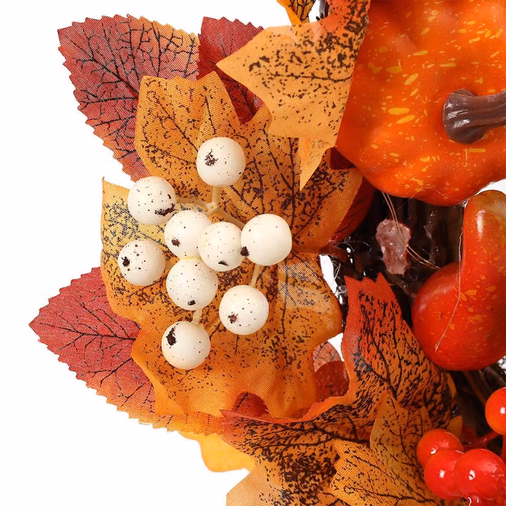 Garden Sanctuary Autumn Floral Front Door Wreath with White and Orange Pumpkins – 8