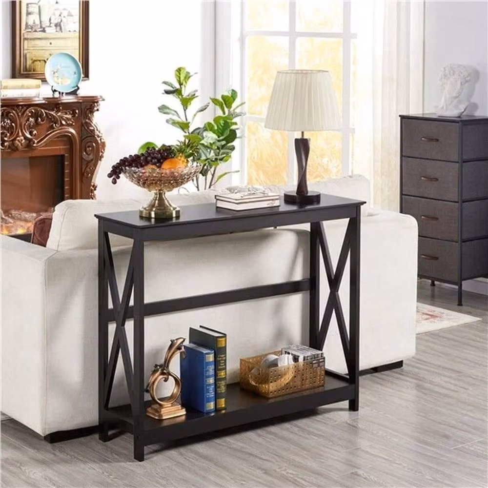 Kelvenix Black 2-Tier Slim Console Table with X-Frame Design, W: 36 cm, D: 1 cm, H: 81 cm – 5