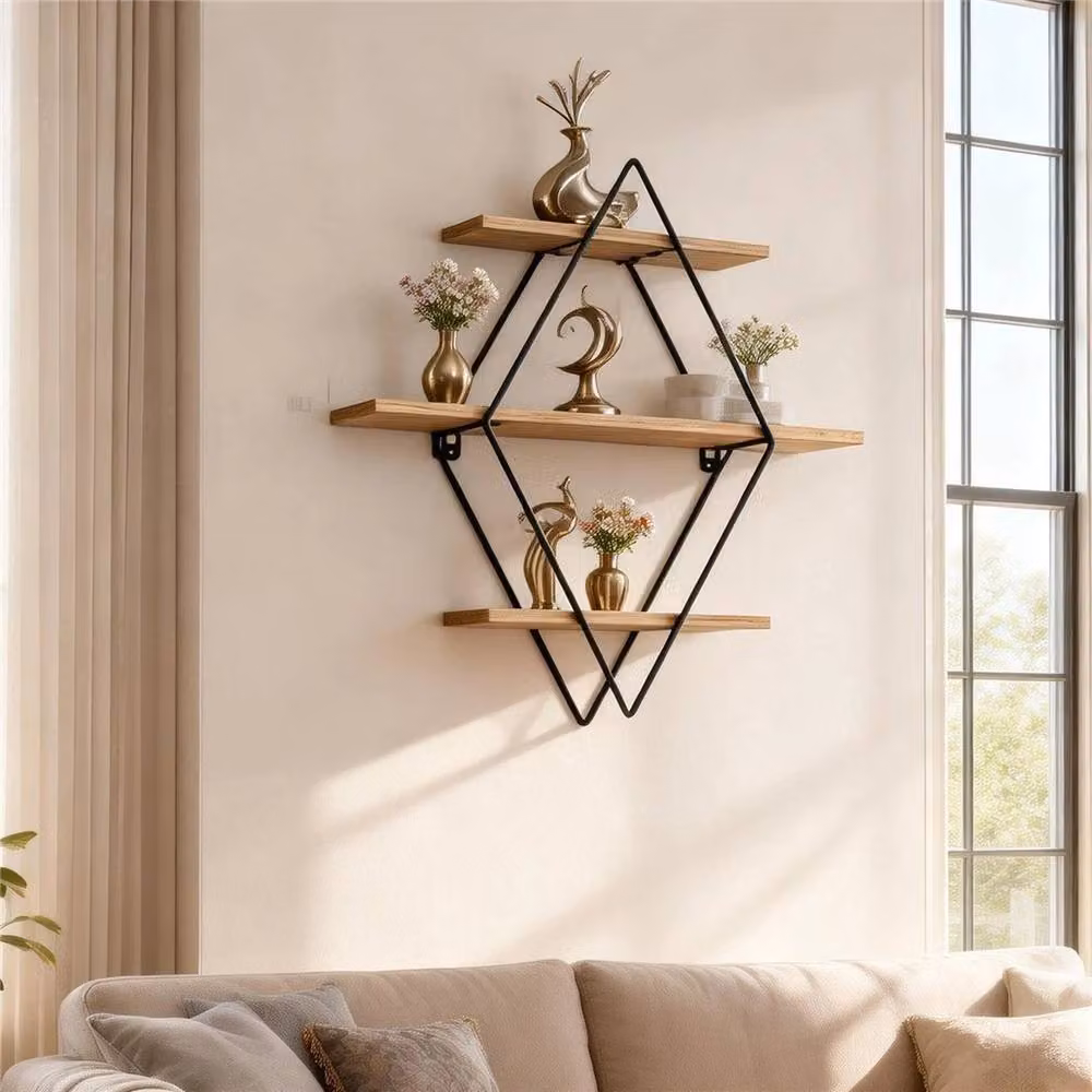 NESTLUNE Brown Metal Floating Wall Shelf with Industrial Geometric Design – 3