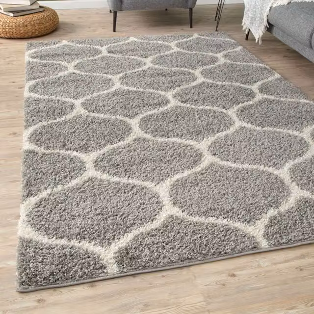 THE RUGS Soft Trellis Moroccan Shaggy Square Rug in Grey and Ivory, W x W: 120 x 120 cm
