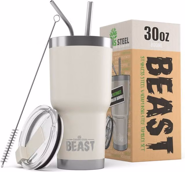 Green Steel 30oz Double Insulated Stainless Steel Coffee Travel Mug with Lid in Sand and White