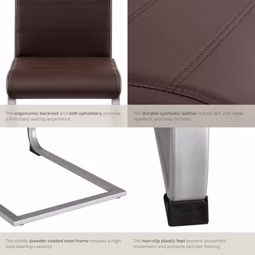 tectake Set of 8 Bettina Dining Chairs in Brown with Synthetic Leather and Metal Cantilever Base – 6