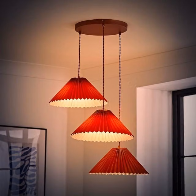 ValueLights Akira Pleated 3 Way Triple Drop Ceiling Pendant Light with LED Bulbs in Burnt Orange