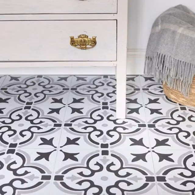 D-C-Fix Stencil Motif Grey Self Adhesive Vinyl Floor Tiles, Pack of 11, W/D/H: 30.48 x 30.48 x 0.0 cm