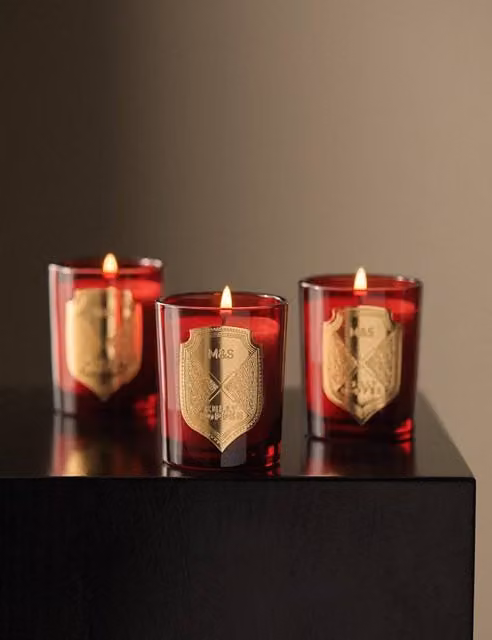 M&S Set of 3 Christmas Joy Red and Gold Glass Votive Candles with Woody, Spicy and Fruity Scents
