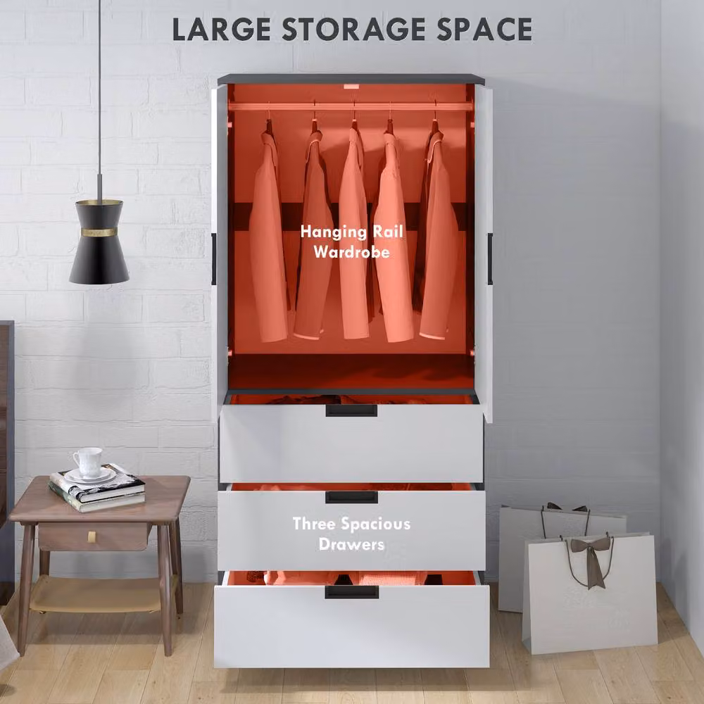STILVORA Modern Grey Wardrobe with 2 Hinged Soft-Close Doors and 3 Integrated Drawers – 3
