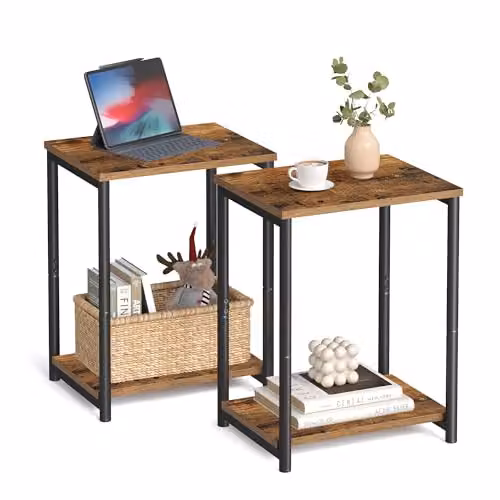 VASAGLE Set of 2 Industrial Style Side Tables with 2-Tier Serving Shelves, Rustic Brown and Black – 2