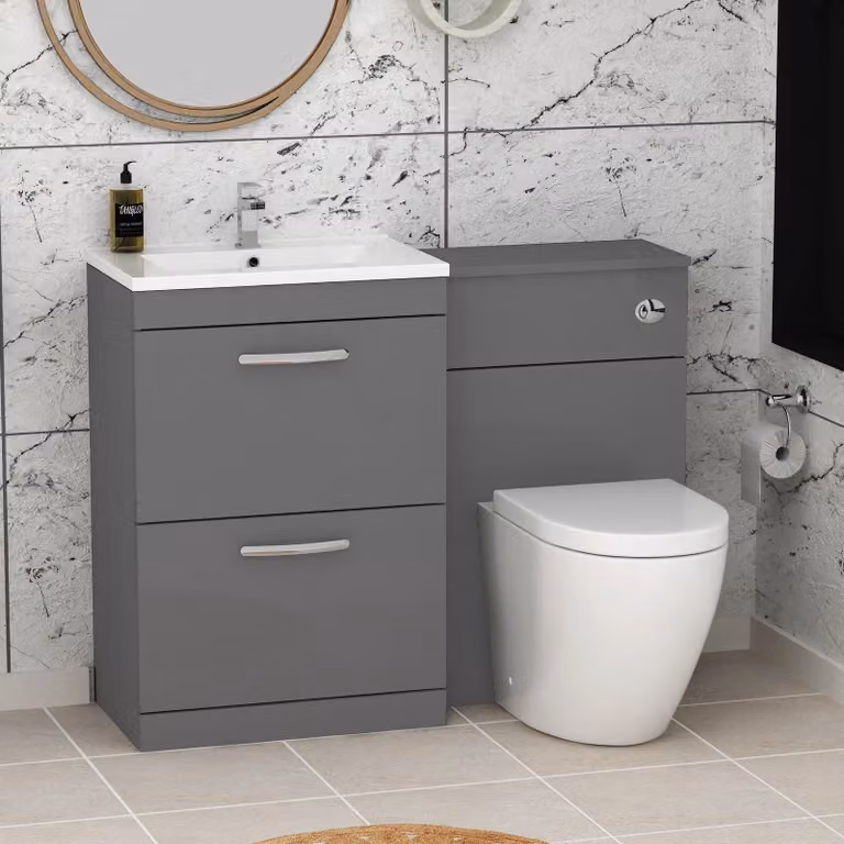 Royal Bathrooms Turin Minimalist Floor Standing Bathroom Furniture Pack with 2-Drawer Vanity Unit and Elva Toilet in Indigo Grey Gloss