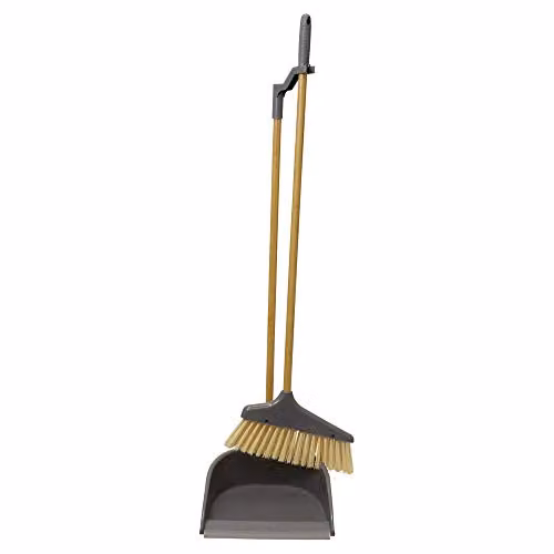 JVL Bamboo Long Handle Dustpan and Bristle Brush Set in Orange or Brown