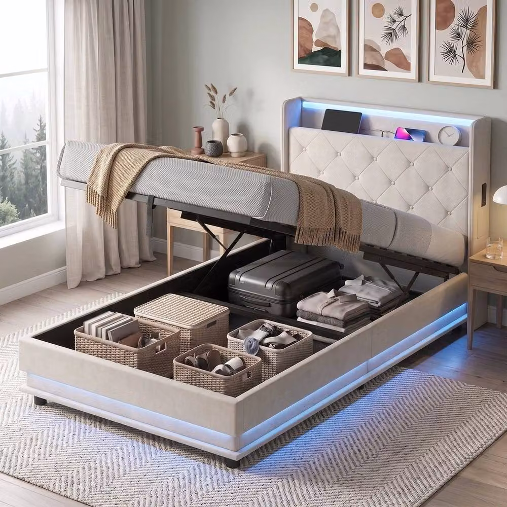 FORGEVIO Modern Upholstered Lift Up Storage Bed Frame with RGB LED Under-Bed Lighting in White, 90 x 190 cm – 4