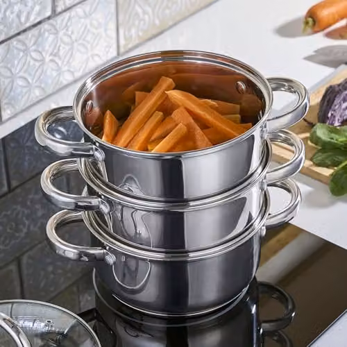 Cooks Professional 3 Tier Stainless Steel Steamer Pan with Glass Lid, Silver, Diameter: 18 cm – 3