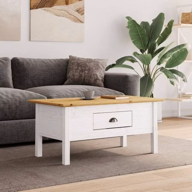 Berkfield Home BODO Coffee Table in White and Brown Solid Pine Wood, W/D/H: 100 x 55 x 45 cm – 1