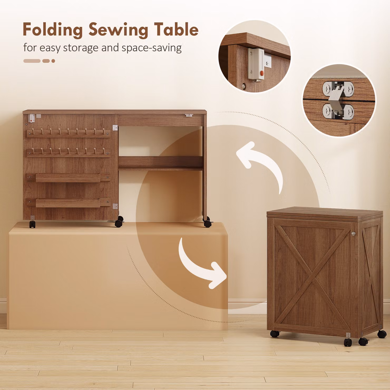 HOMCOM Folding Sewing Table and Rolling Craft Table with Storage Compartments and Lockable Casters, Brown – 3