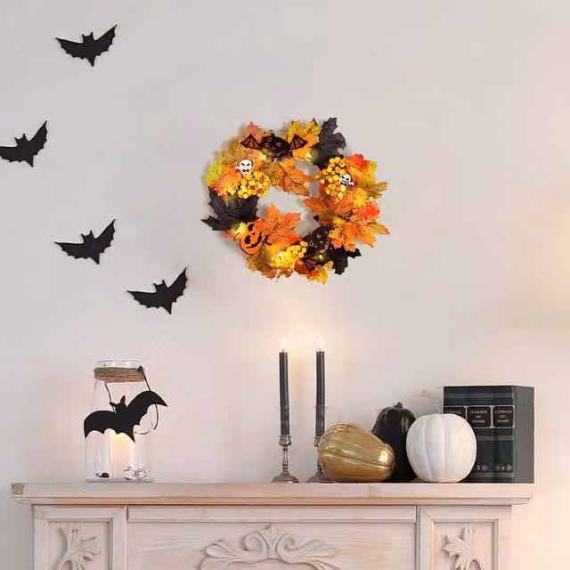 Kidkid Halloween Maple Leaf Wreath with LED String Lights in Orange and Yellow