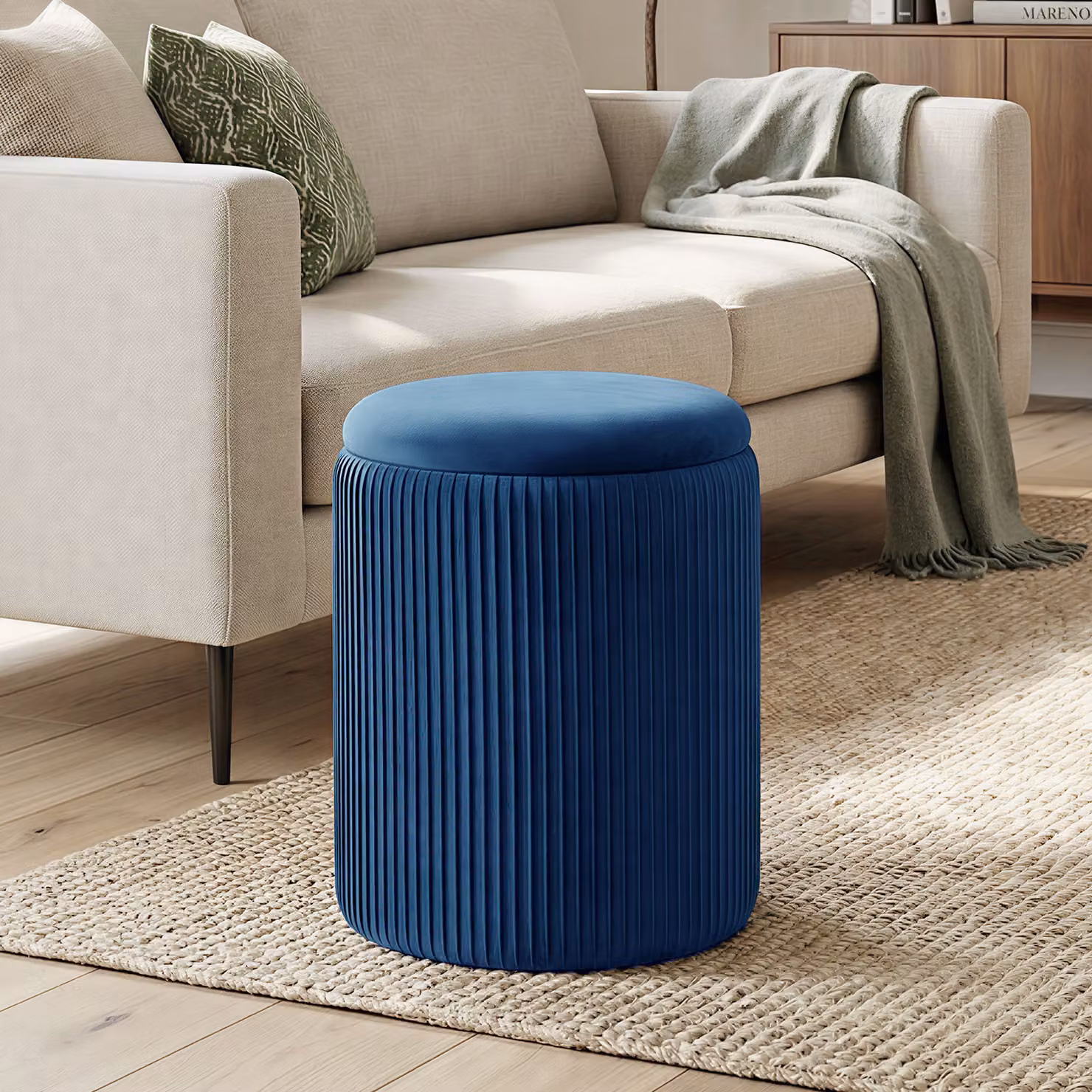 HOMCOM Modern Velvet Round Storage Ottoman Foot Stool in Blue, Diameter: 45 cm – 2