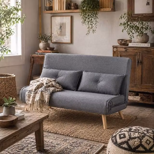 Wyld Haus Maba Grey 2 Seater Linen Look Click Clack Sofa Bed with Scatter Cushions