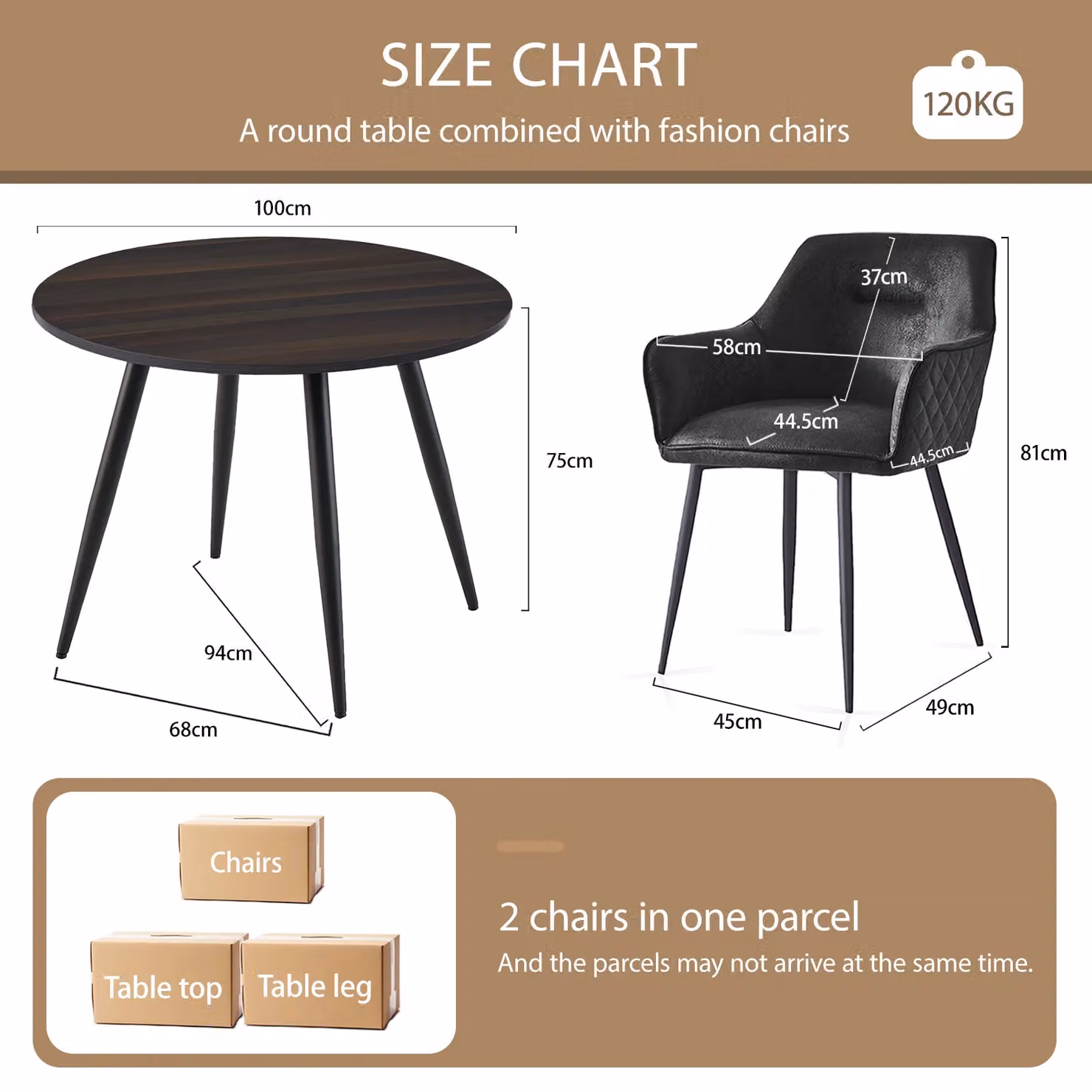 SONARA Dark Walnut Round Dining Table and 2 Black Faux Suede Dining Chairs Set – 2