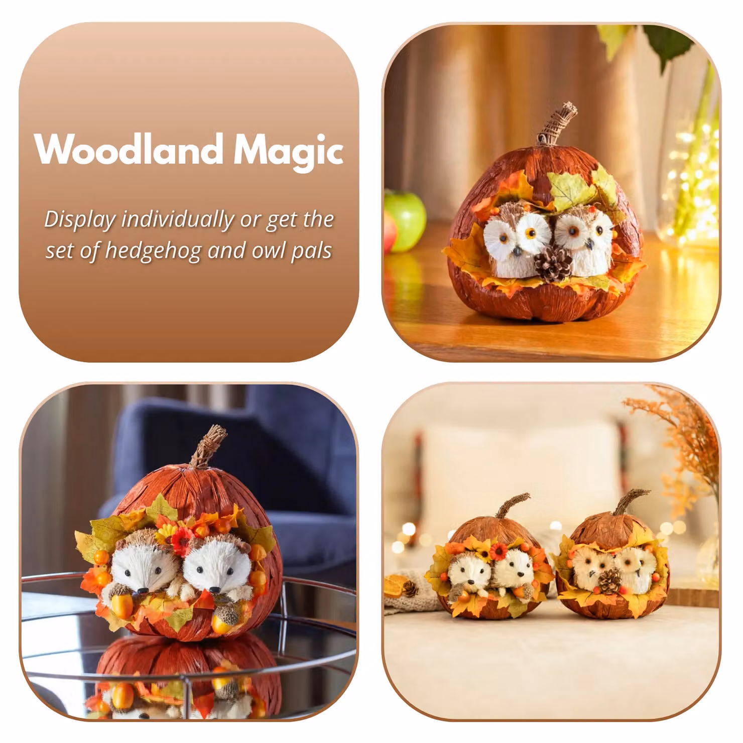 Marco Paul Orange Pumpkin and Owl Autumn Decoration with Rattan Details, Height: 17 cm – 3