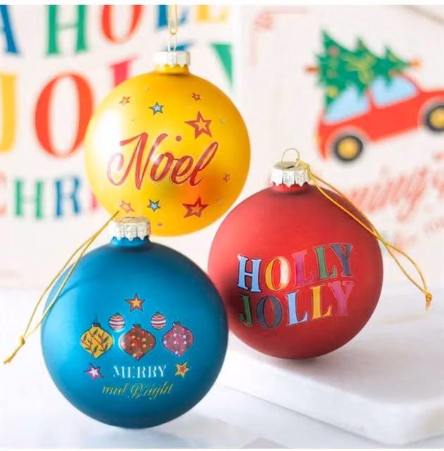 KDMD Set of 3 Multicolour Vintage Glass Christmas Baubles with Lettering – 1