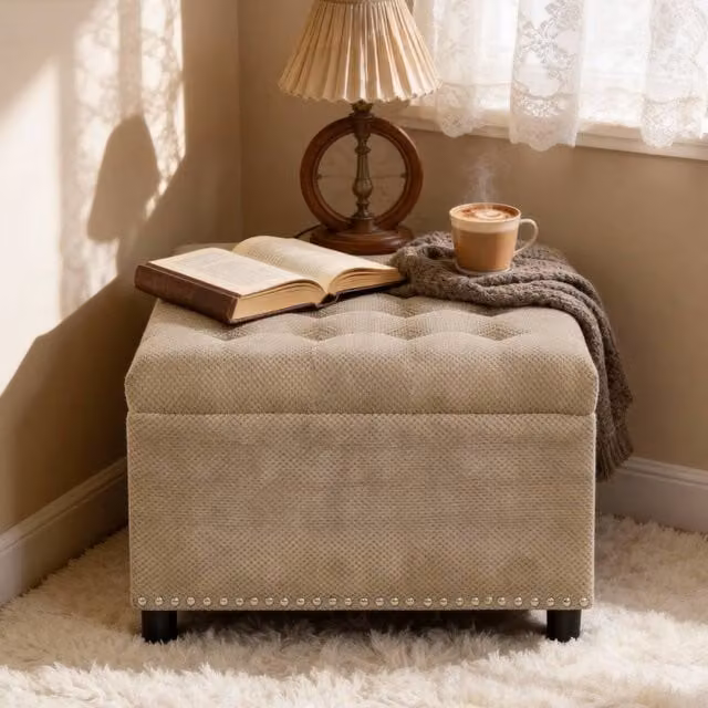 Rolipo Camel Square Storage Ottoman in Brown with Silver Rivets – 1