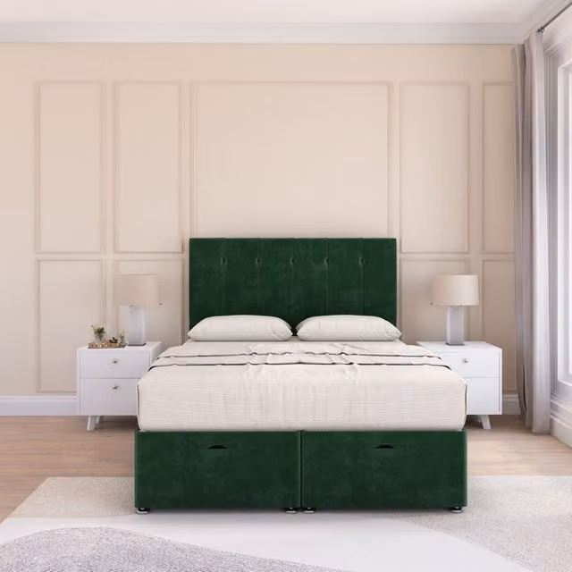 Sloomy Highbury Double Ottoman Bed in Emerald Green with Plush Fabric Upholstered Frame, Lift-Up Base and Hybrid Memory Mattress, W/D/H: 140 x 200 cm