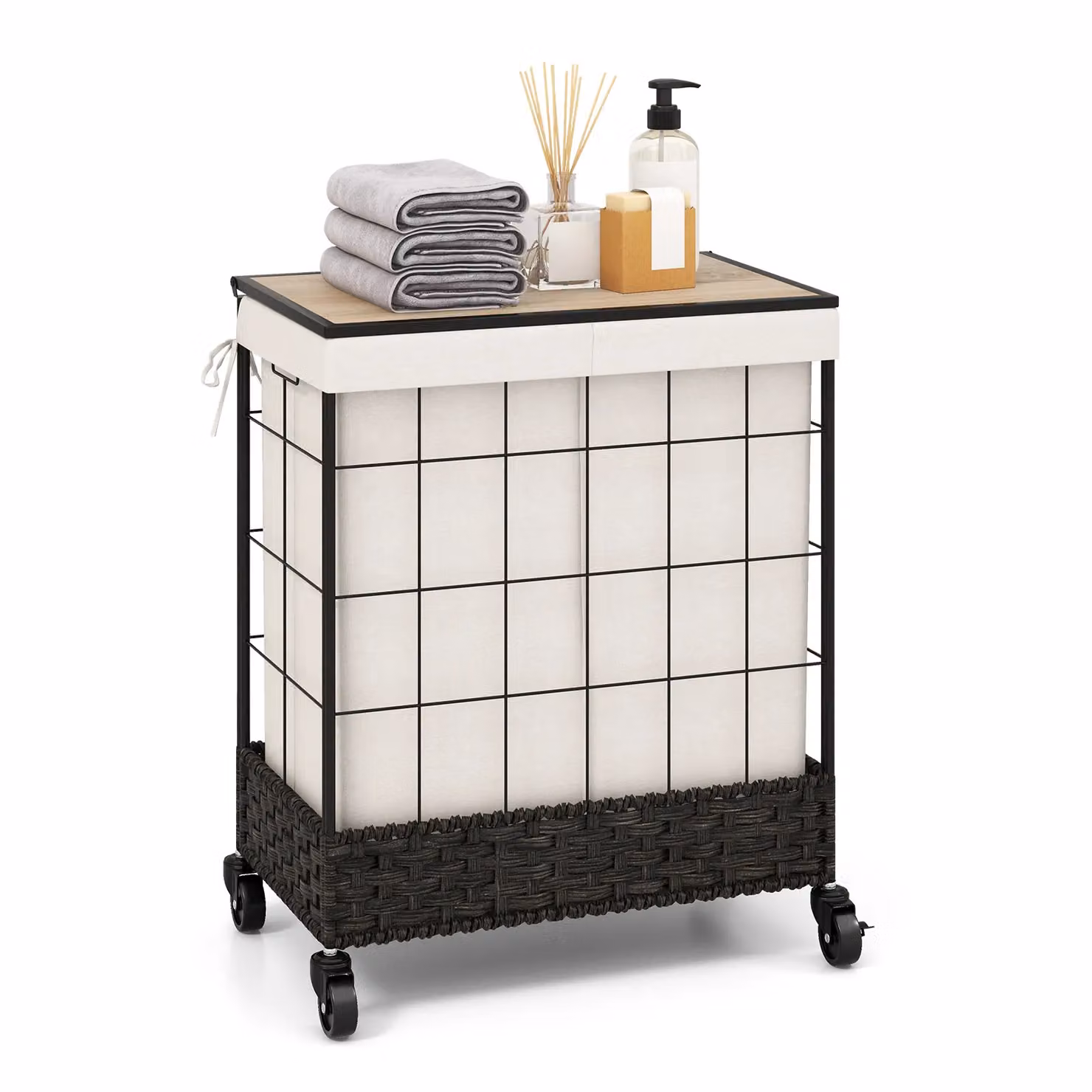 Costway 2 Section Handwoven Rattan Laundry Hamper with Lid and Wheels, 110L, Black – 2