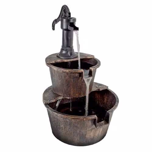 GardenKraft Rustic 2 Tier Barrel Style Garden Water Fountain in Bronze, W: 67 cm, D: 41 cm – 1
