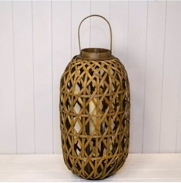 KDMD Medium Oval Bamboo Tabletop Lantern with Glass Insert, Brown