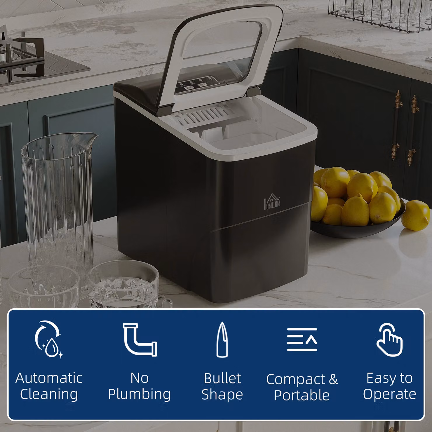 HOMCOM Portable Ice Maker with Digital Display and Ice Scoop, Black, 12kg/24H Production – 4