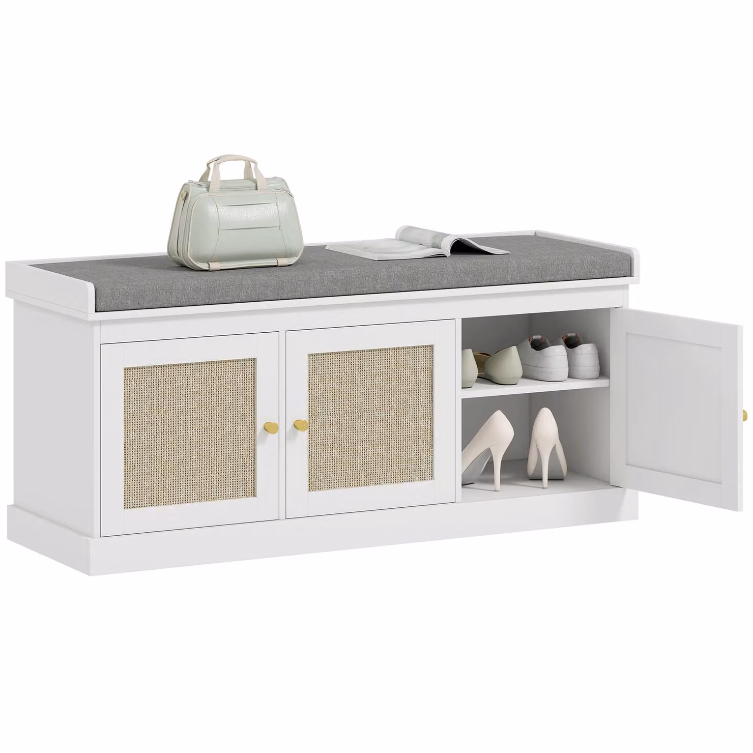 HOMCOM White Shoe Storage Bench with Rattan Doors and Fabric Cushion – 2